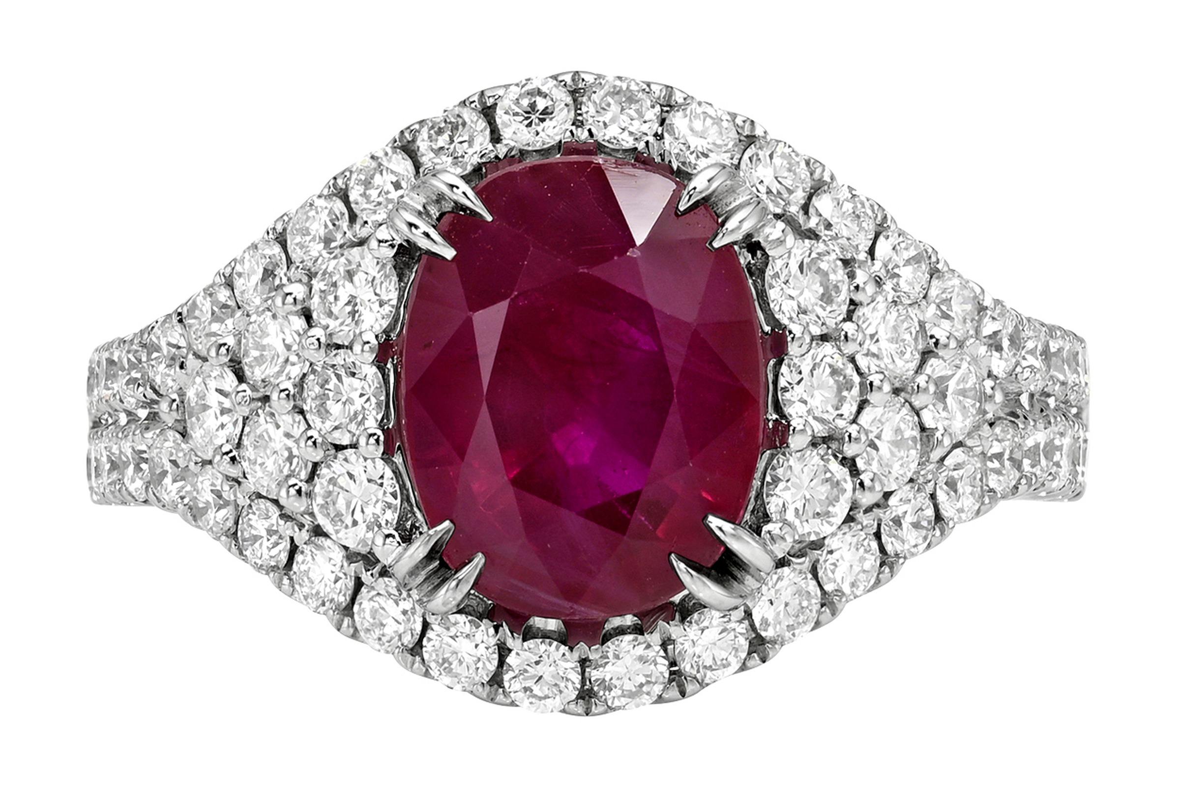 Merkaba Jewelry Beverly Hills presents an unheated 3.15 ct oval ruby cocktail ring in 18K white gold, accented by 1.07 ct diamonds for refined brilliance. 
Sizing: US 6 (EU 52, UK L 1/2) with complimentary resizing; inner diameter approx 16.5 mm;