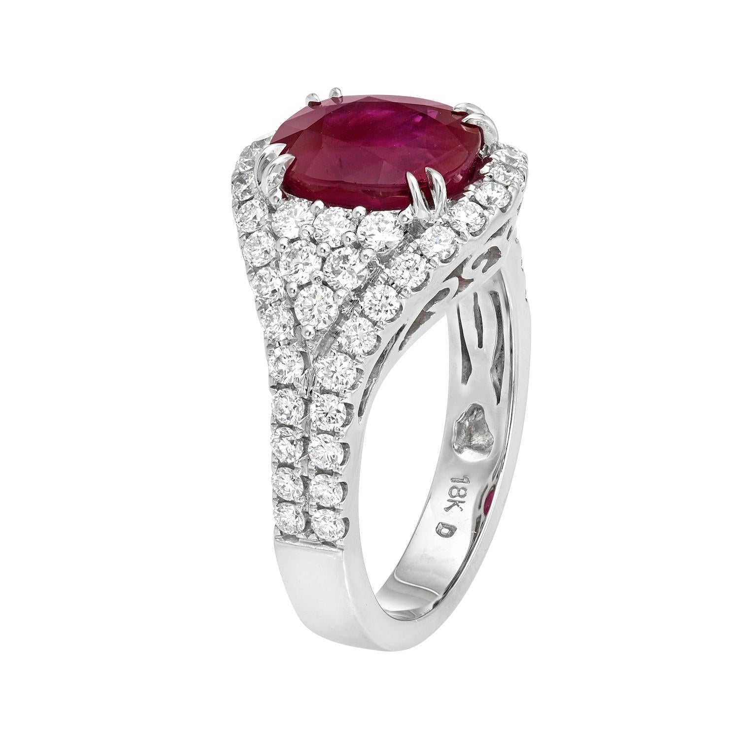 Art Deco Unheated 3.15 ct Ruby 1.07 ct Diamond Cocktail Ring in 18K White Gold By Merkaba For Sale