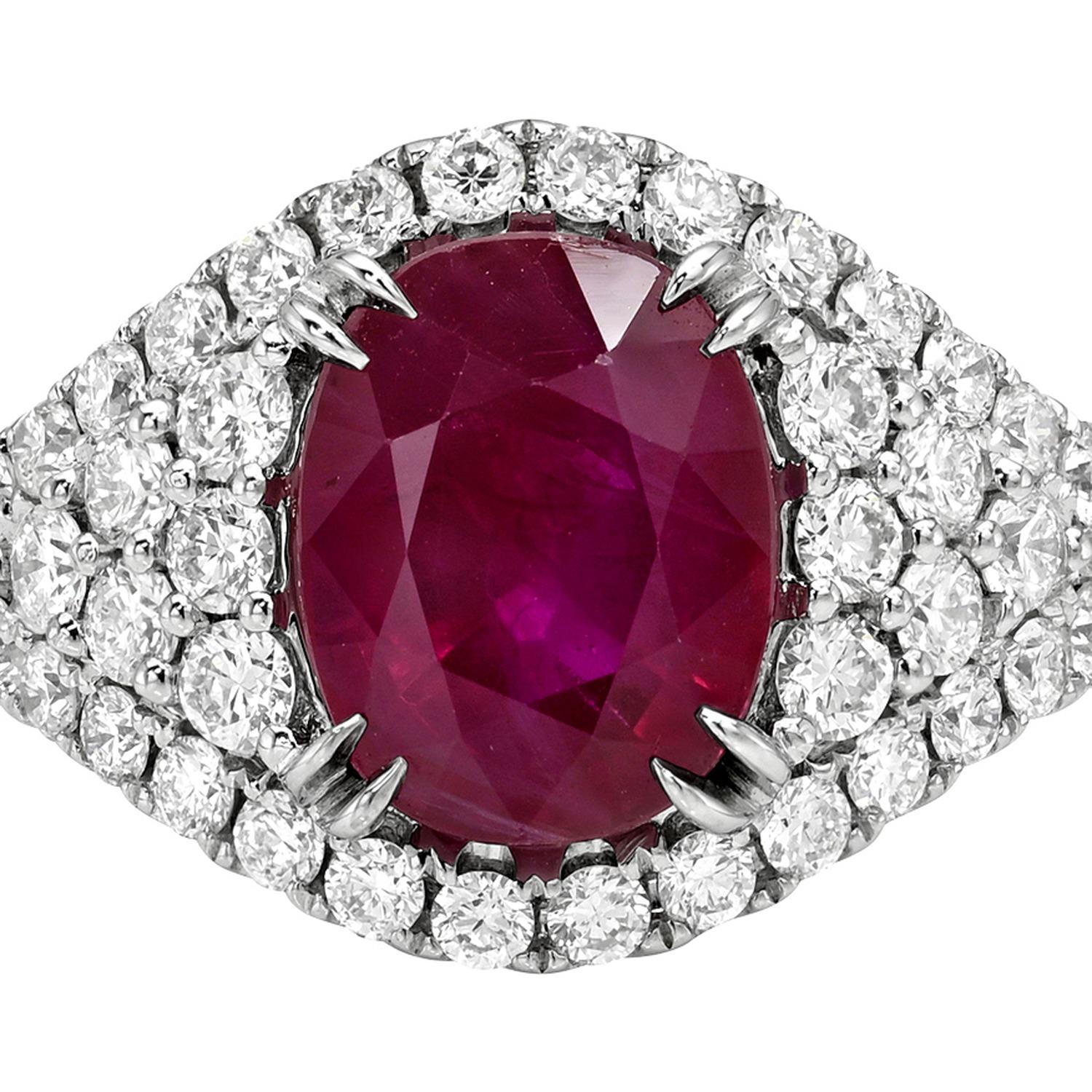 Oval Cut Unheated 3.15 ct Ruby 1.07 ct Diamond Cocktail Ring in 18K White Gold By Merkaba For Sale
