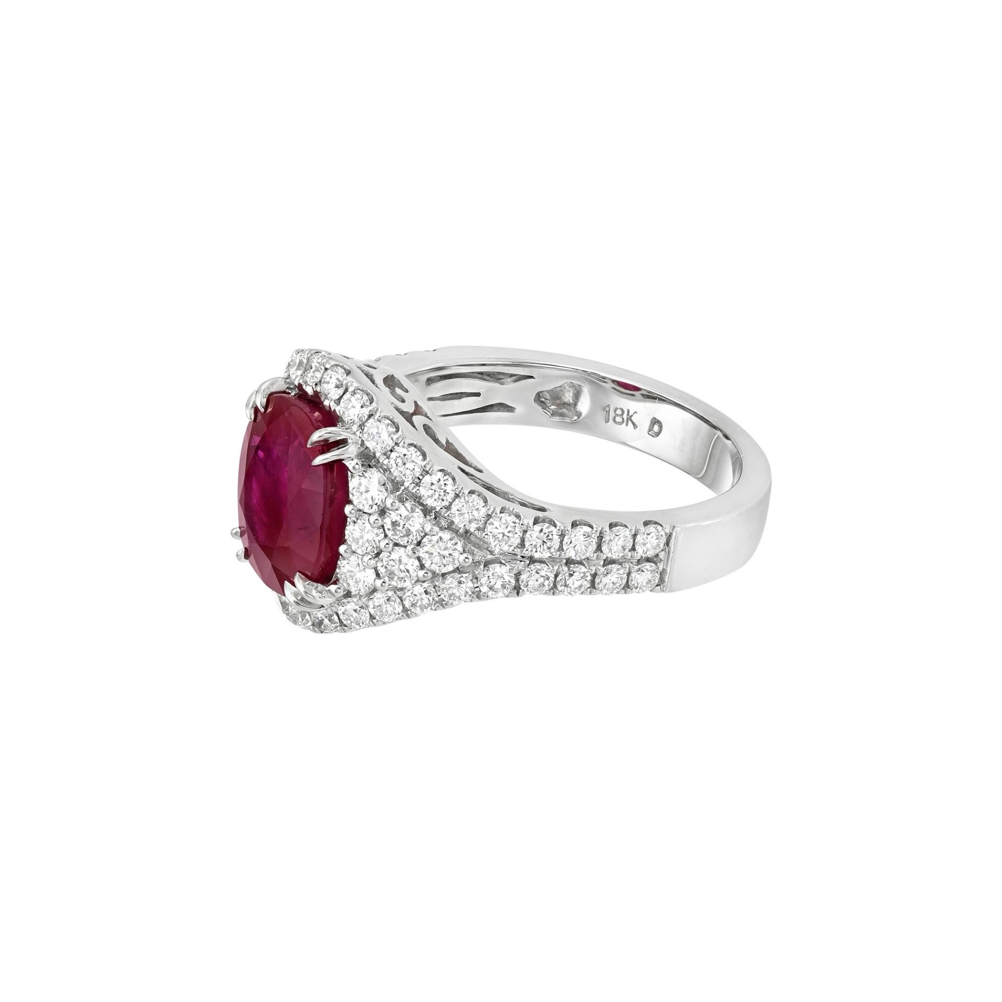 Unheated 3.15 ct Ruby 1.07 ct Diamond Cocktail Ring in 18K White Gold By Merkaba In New Condition For Sale In Beverly Hills, CA