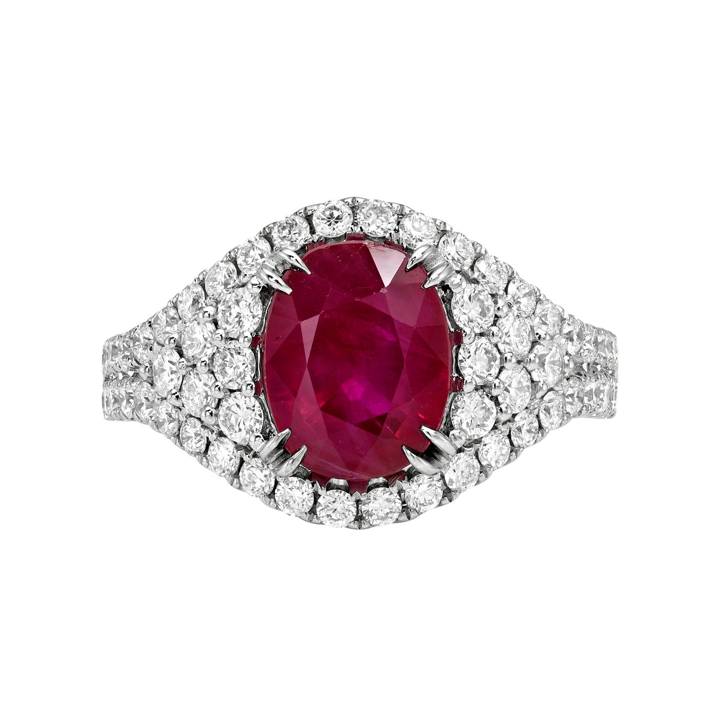 Women's Unheated 3.15 ct Ruby 1.07 ct Diamond Cocktail Ring in 18K White Gold By Merkaba For Sale