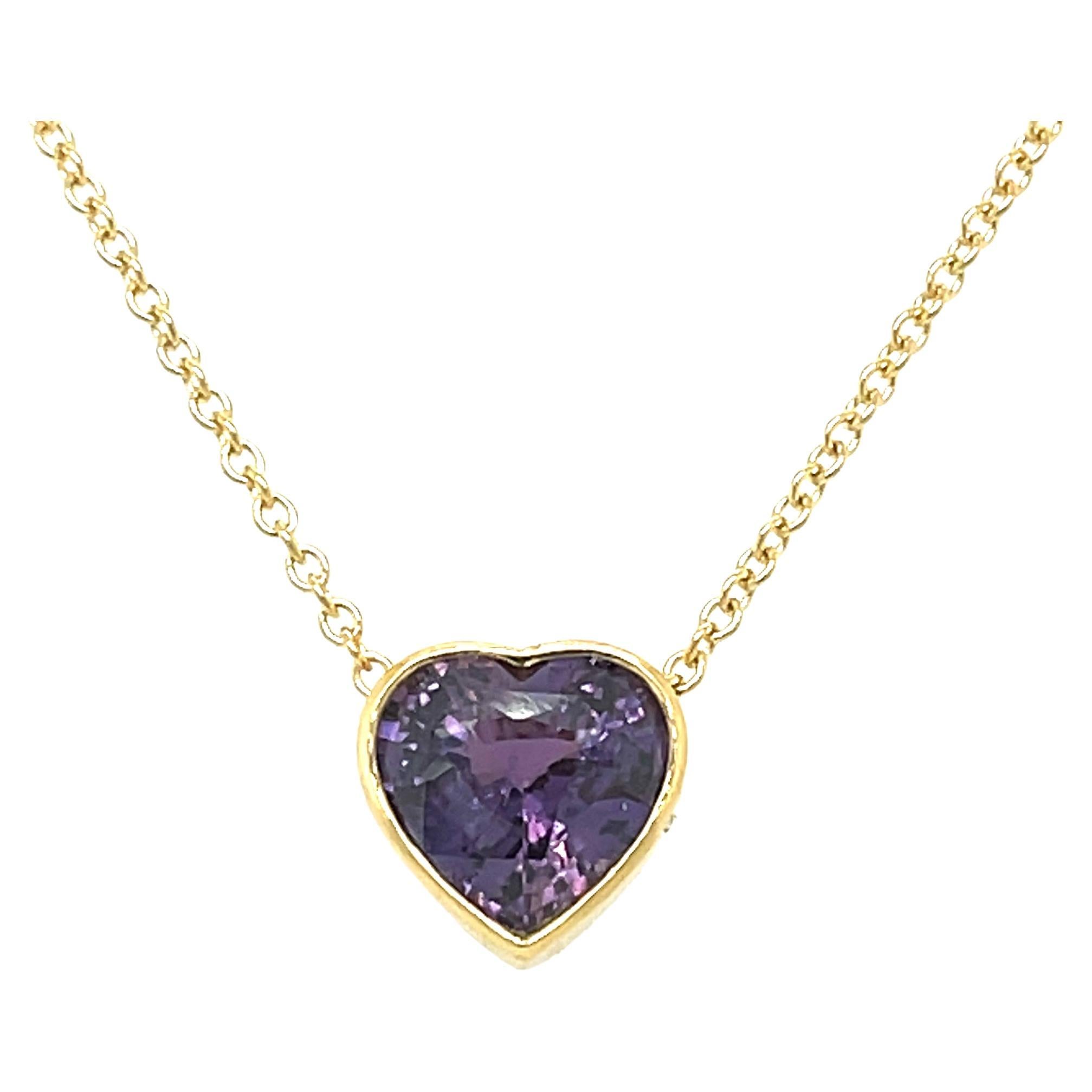 GIA Certified Unheated 3.56 Carat Purple Sapphire Heart Necklace in 18k Gold For Sale
