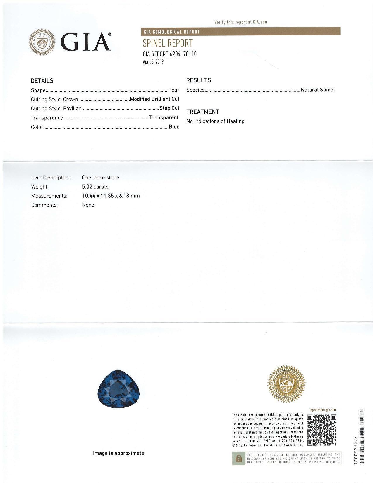 This unheated blue spinel has exceptional brilliance and luster! Accompanied by Gemological Institute of America Report #6204170110, this gem weighs 5.02 carats and measures 10.44 x 11.35 x 6.18 millimeters. It is a nicely rounded pear shape and a