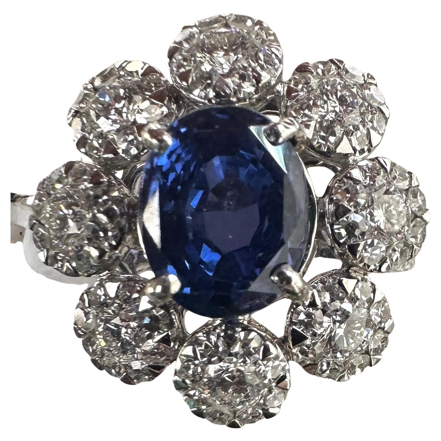 Anello con zaffiro blu non riscaldato da 5,11 carati senza calore 18k e diamanti AIGS - Stupendo!