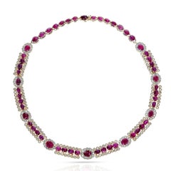 Unheated 56 Burma Star Ruby Cabochon and Diamond Necklace, Part of Set