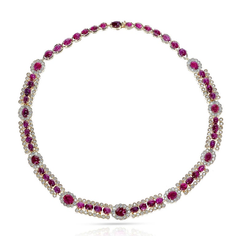 Unheated 56 Burma Star Ruby Cabochon and Diamond Necklace, Part of Set ...
