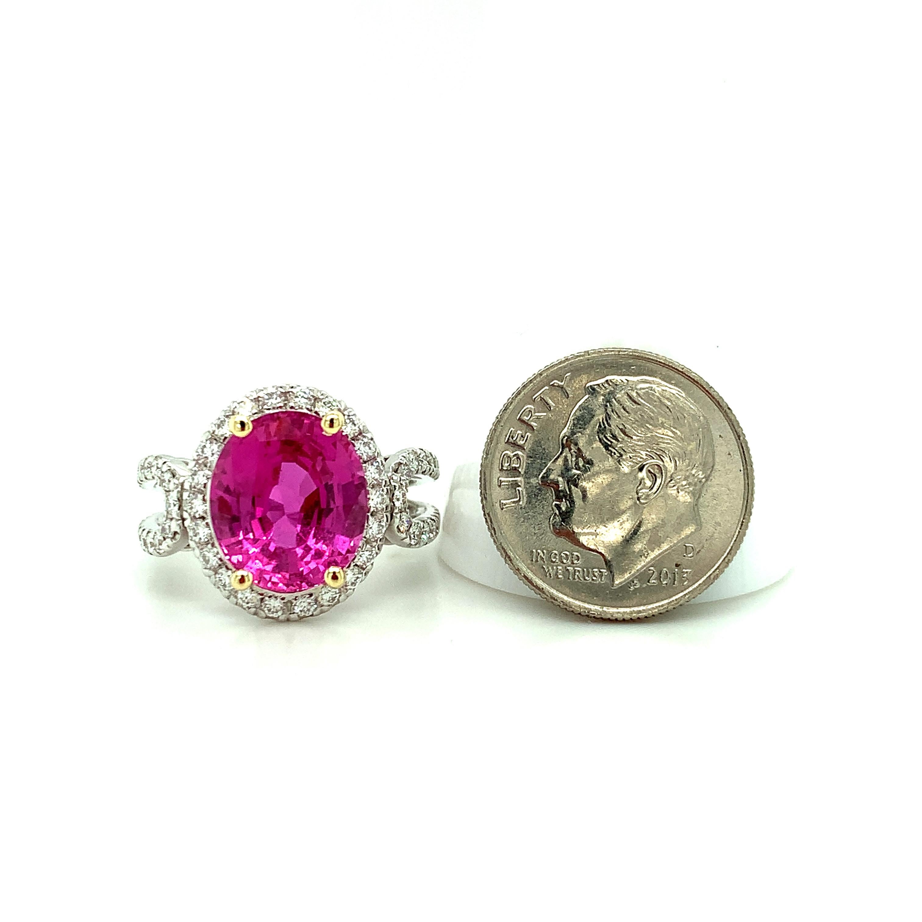 GIA Certified Unheated 5.73 Carat Pink Sapphire and Diamond Cocktail Ring For Sale 5