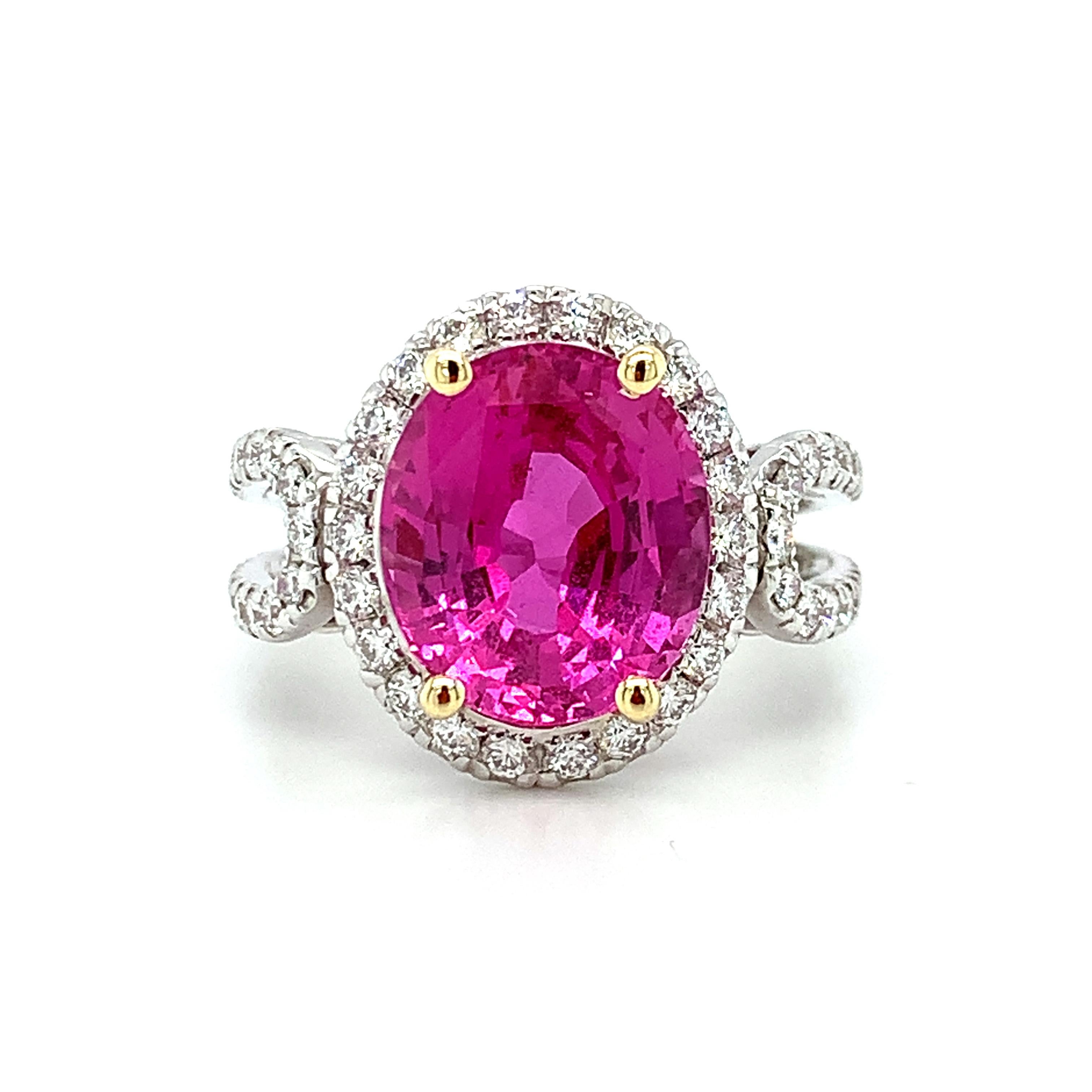 Artisan GIA Certified Unheated 5.73 Carat Pink Sapphire and Diamond Cocktail Ring For Sale