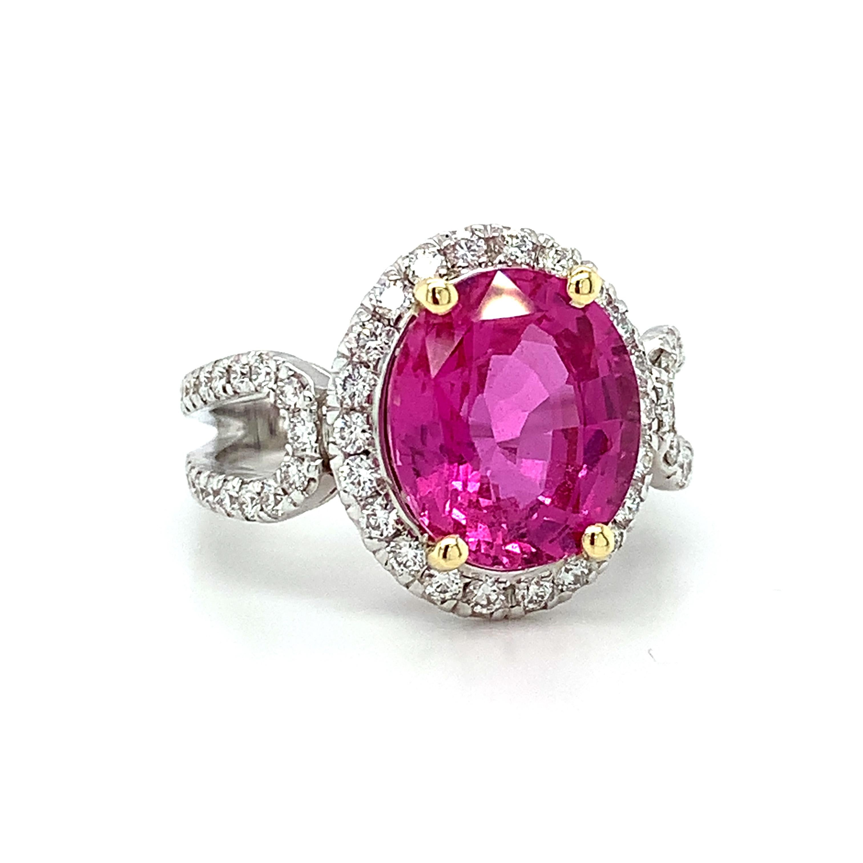 Oval Cut GIA Certified Unheated 5.73 Carat Pink Sapphire and Diamond Cocktail Ring For Sale