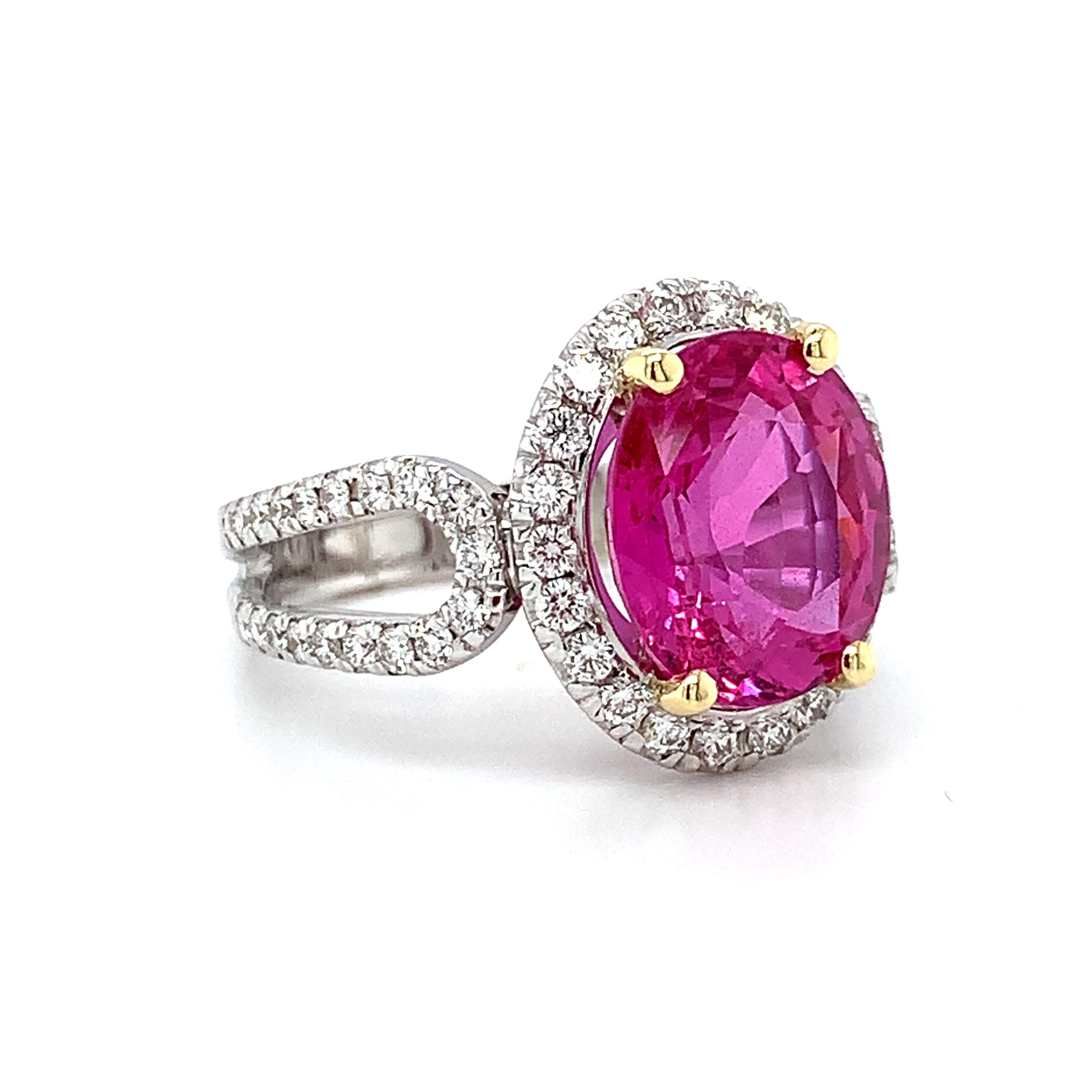 GIA Certified Unheated 5.73 Carat Pink Sapphire and Diamond Cocktail Ring In New Condition For Sale In Los Angeles, CA