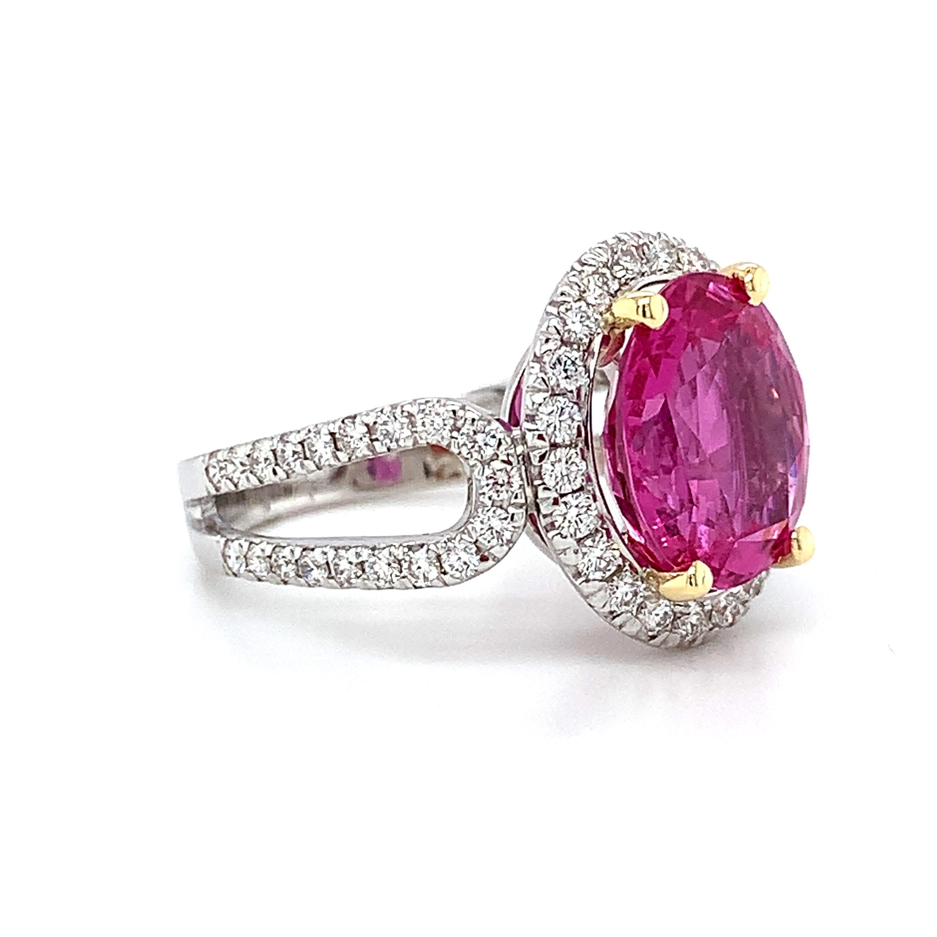 Women's or Men's GIA Certified Unheated 5.73 Carat Pink Sapphire and Diamond Cocktail Ring For Sale
