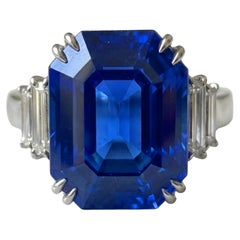 Unheated 7.63 Carat Vivid Blue Sapphire with Trapezoid Diamonds in Platinum Ring