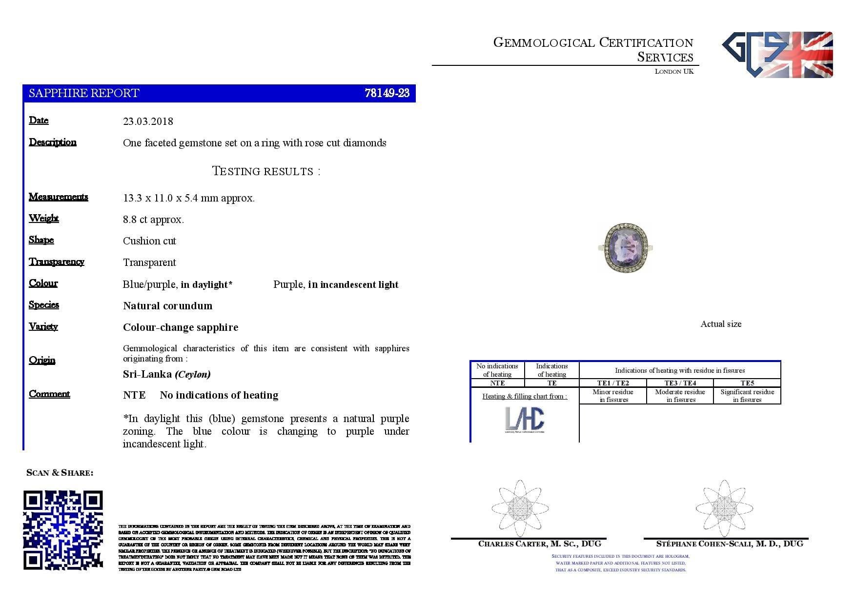 Ring mit unerhitztem 8,80 Karat Ceylon, Farbwechsel-Saphir und Diamant Damen im Angebot