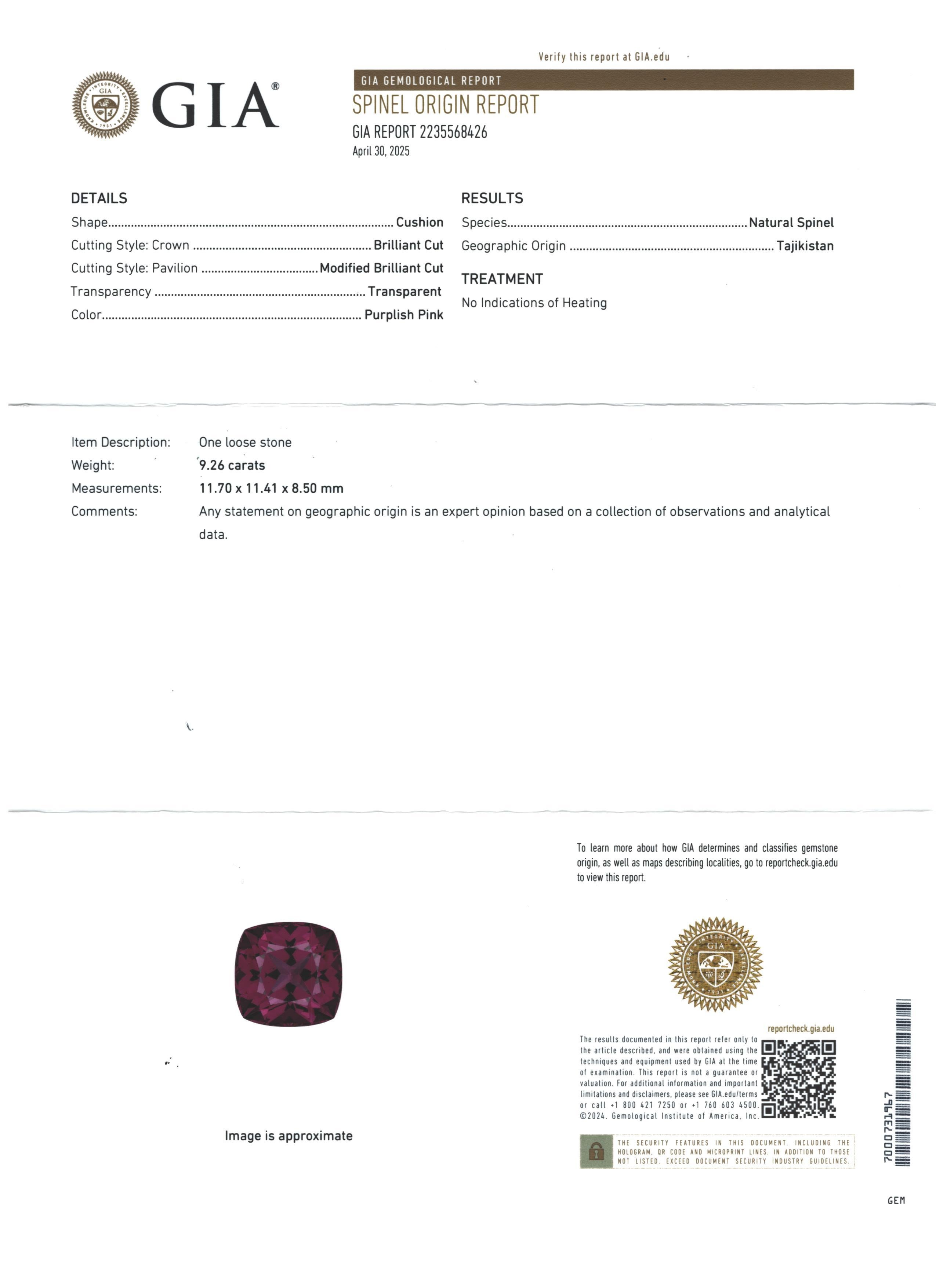 The color and size of this impressive, 9.26 carat unheated purplish-pink spinel is sure to lift your spirits! This large spinel cushion has a vibrant purplish pink hue and is beautifully proportioned, giving this gem superior brilliance. The spinel