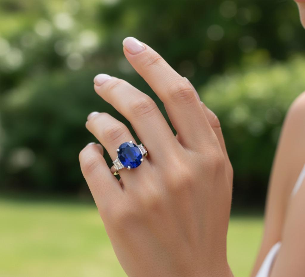 Ungeheizter 9,78 Karat Ceylon Blauer Saphir und Diamant Platinring Damen im Angebot