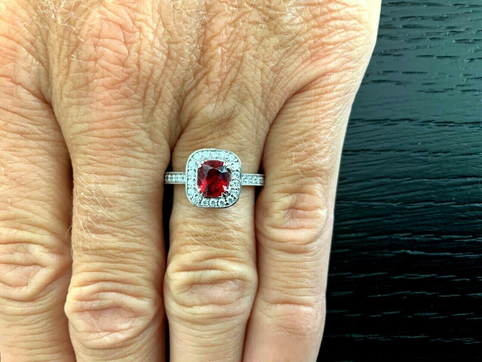 Cushion Cut Unheated .98 Carat Natural Burma Vivid Red Spinel and Diamond Ring GIA Certified For Sale