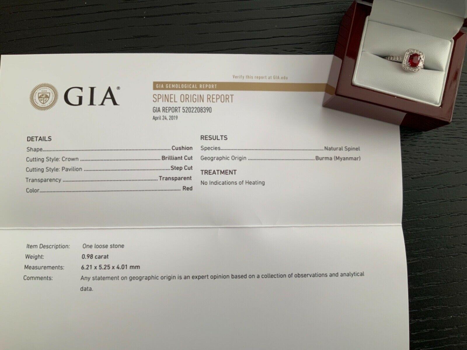 Unheated .98 Carat Natural Burma Vivid Red Spinel and Diamond Ring GIA Certified For Sale 1