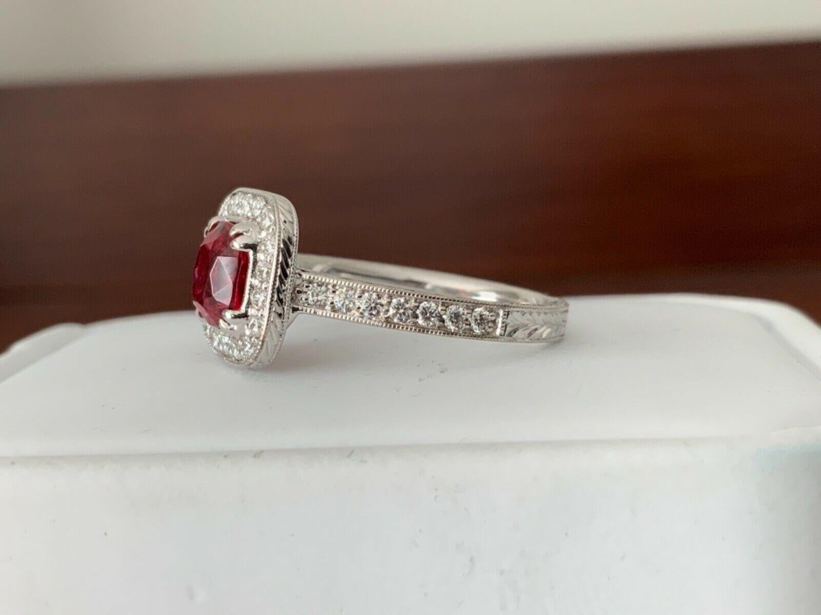 Unheated .98 Carat Natural Burma Vivid Red Spinel and Diamond Ring GIA Certified For Sale 3