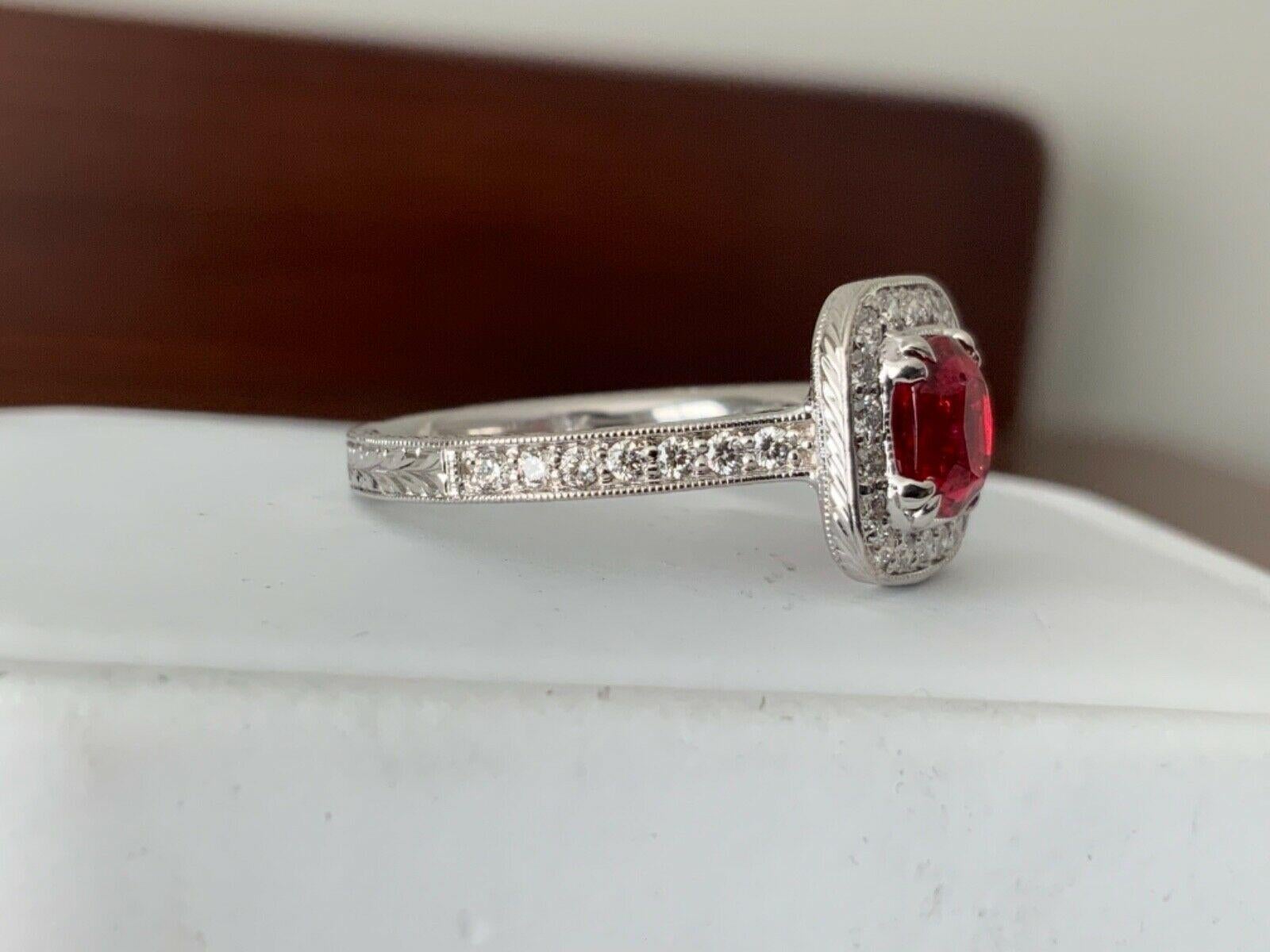 Unheated .98 Carat Natural Burma Vivid Red Spinel and Diamond Ring GIA Certified For Sale 4