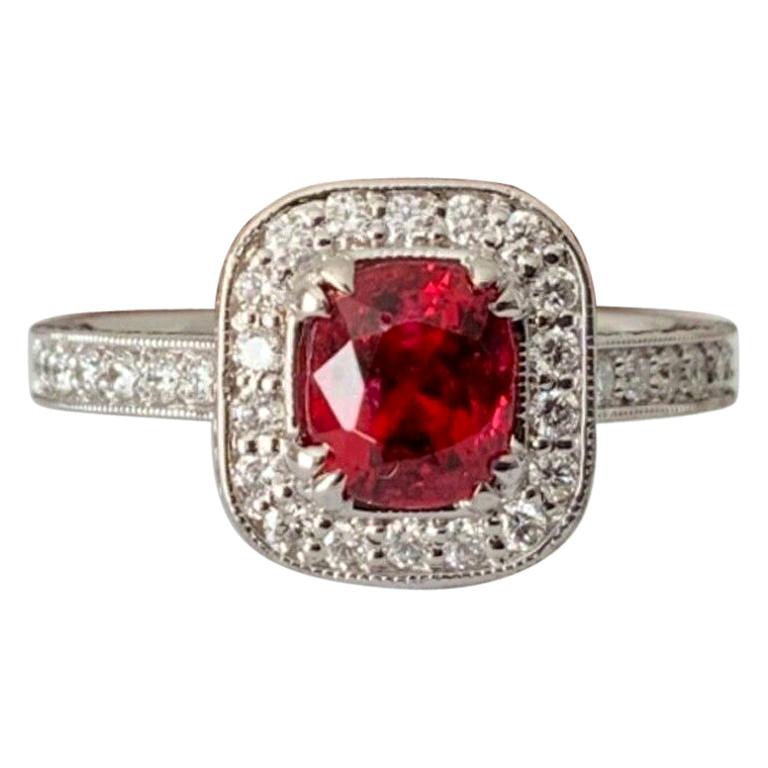 Unheated .98 Carat Natural Burma Vivid Red Spinel and Diamond Ring GIA Certified For Sale