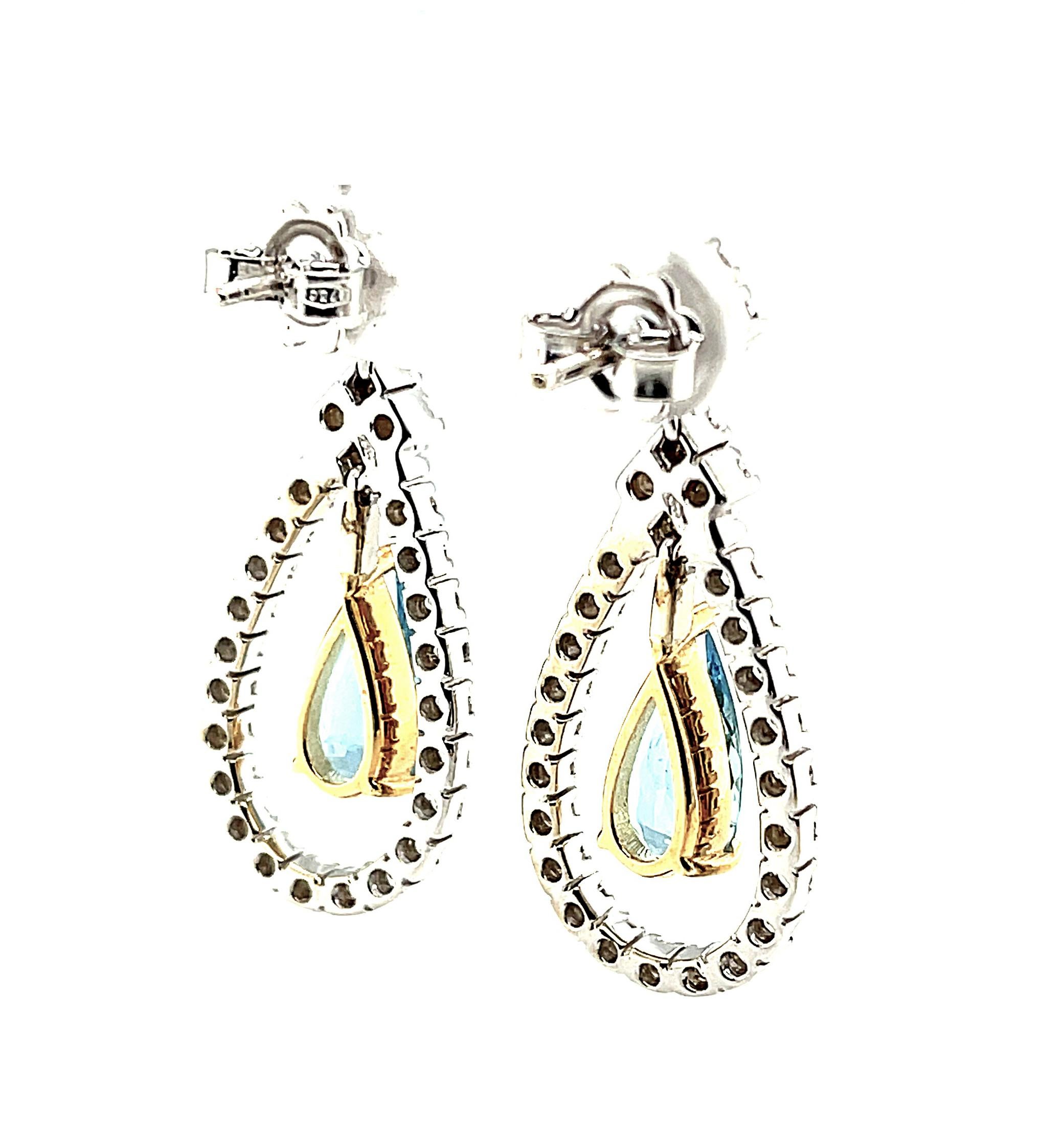 Unheated Aquamarine in Floating Diamond Halo, White Gold Dangle Drop Earrings In New Condition In Los Angeles, CA