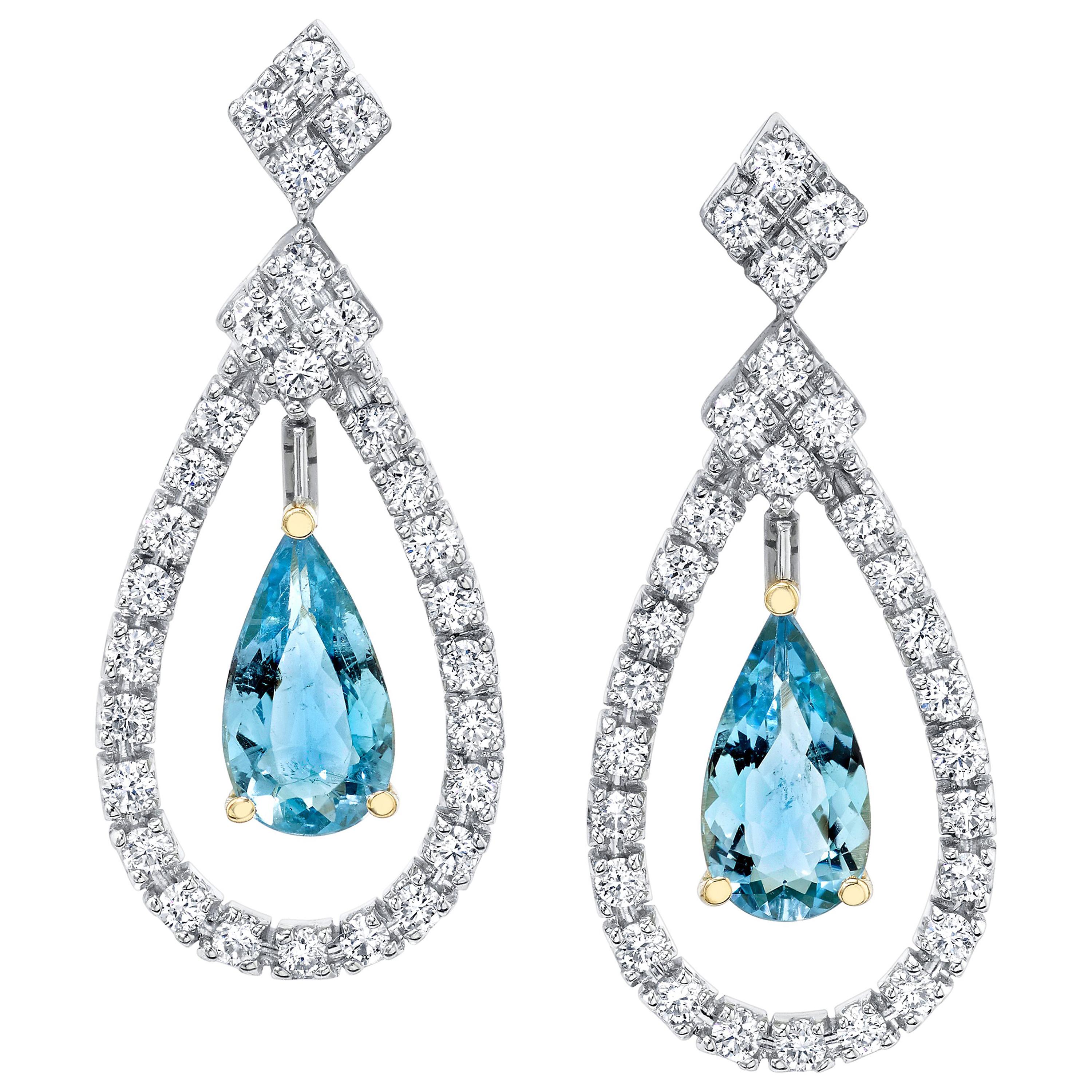 Unheated Aquamarine in Floating Diamond Halo, White Gold Dangle Drop Earrings