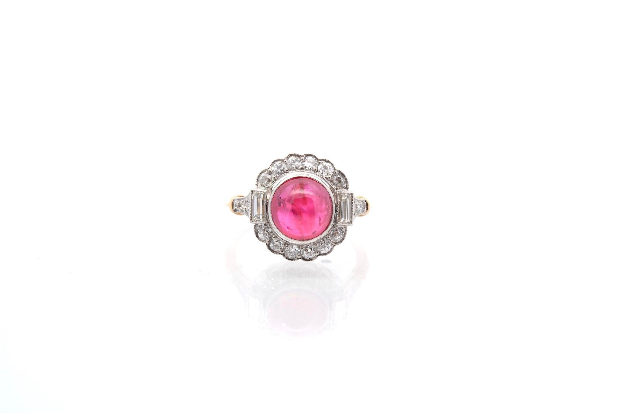 Stones: Unheated Burmese Ruby: 3.38 cts, 18 round diamonds: 0.85 ct, 2 baguette diamonds: 0.15 ct.
Material: Gold and platinum
Dimensions: 1.5 x 1.4 cm
Weight: 4.7g
Period: Recent 1900 style (handmade)
Size: 54 (free sizing)
Certificate
Ref. : 25317