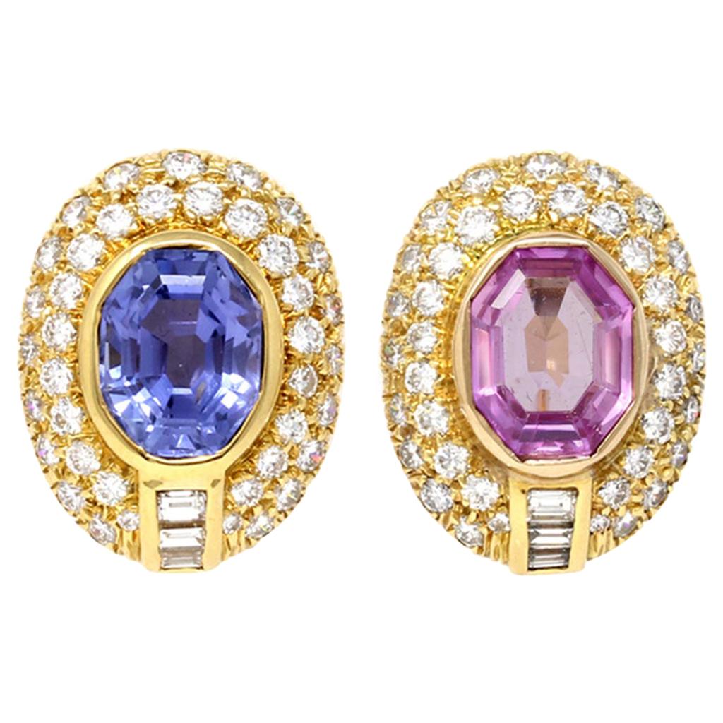 Unheated Blue and Pink Sapphire and Diamond Clip-On Earrings