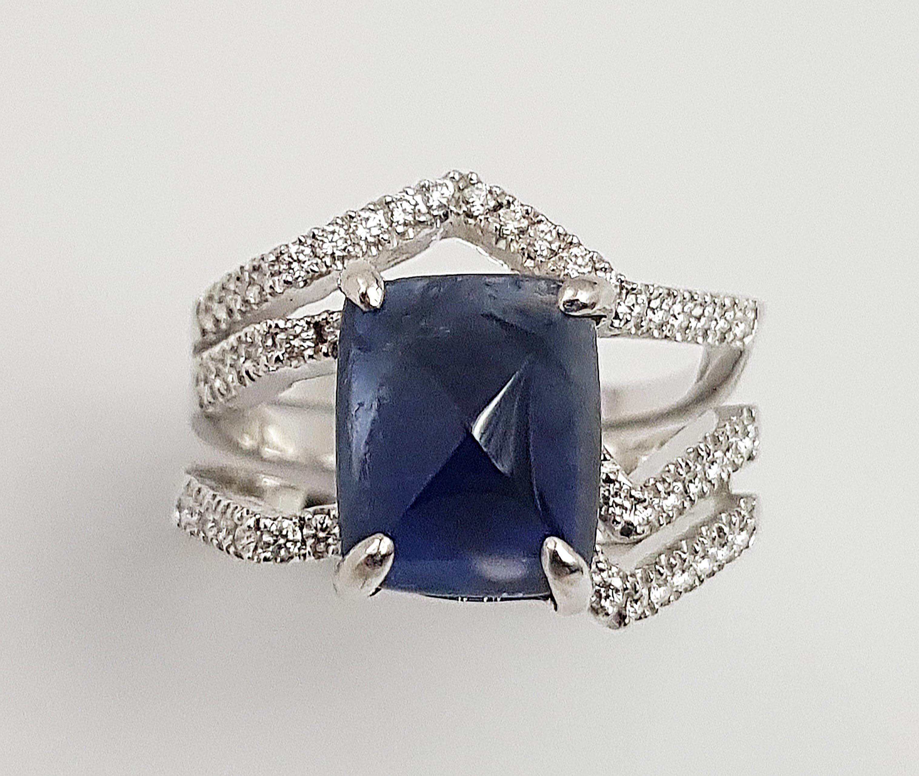 Sugarloaf Cabochon Unheated Blue Sapphire and Diamond Kavant & Sharart Ring in 18k White Gold For Sale