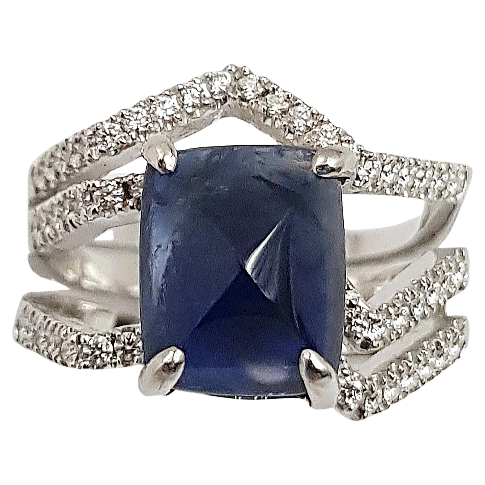 Unheated Blue Sapphire and Diamond Kavant & Sharart Ring in 18k White Gold For Sale