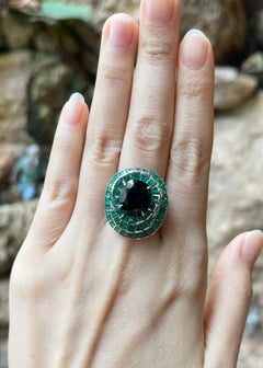Unheated Blue Sapphire, Emerald and Diamond Ring set in 18K White Gold Settings