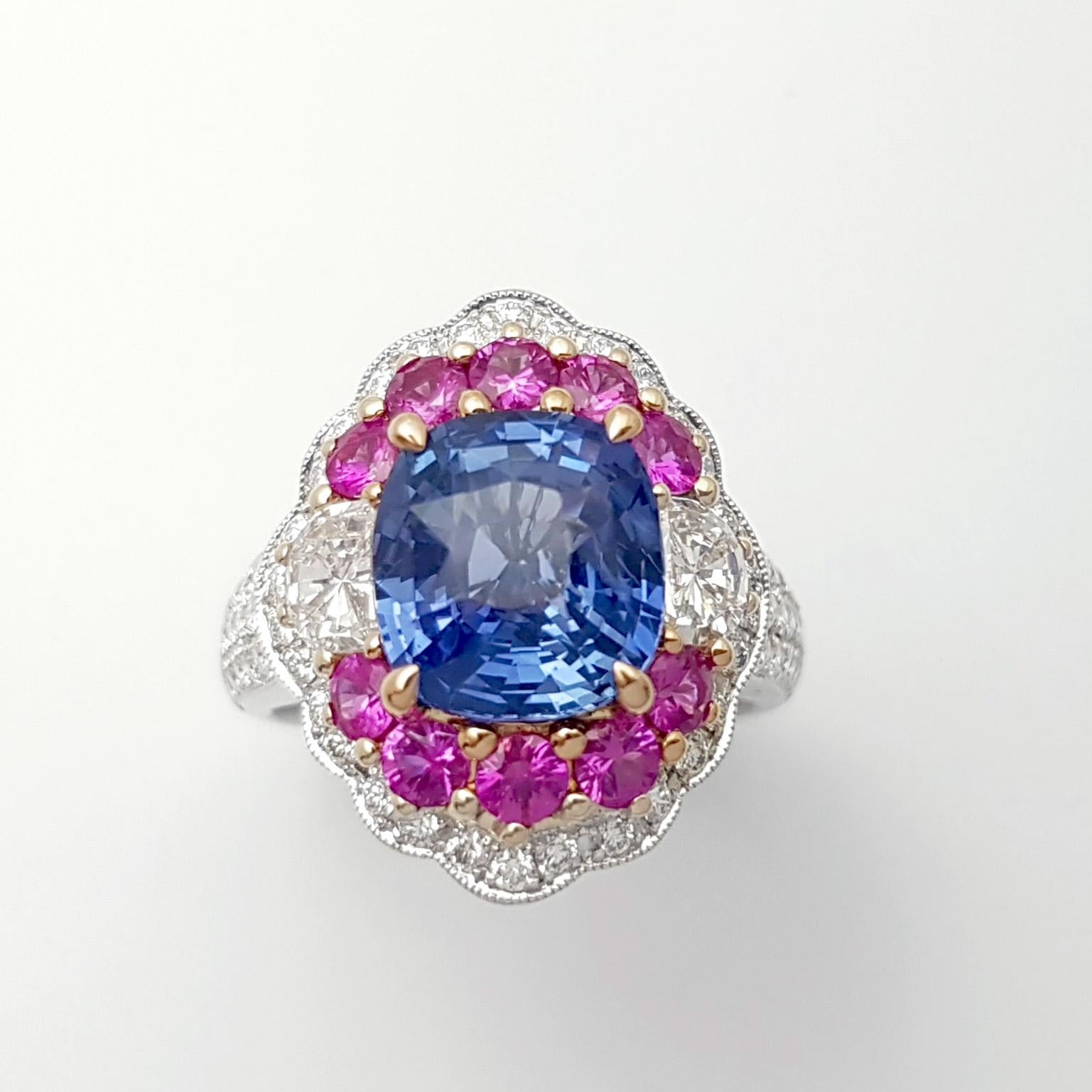 Anello con zaffiro blu non riscaldato, zaffiro rosa e diamante in oro bianco 18 carati in vendita 6