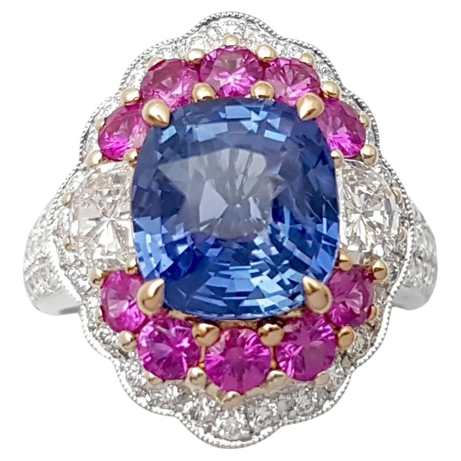Unheated Blue Sapphire, Pink Sapphire and Diamond Ring set in 18K White Gold