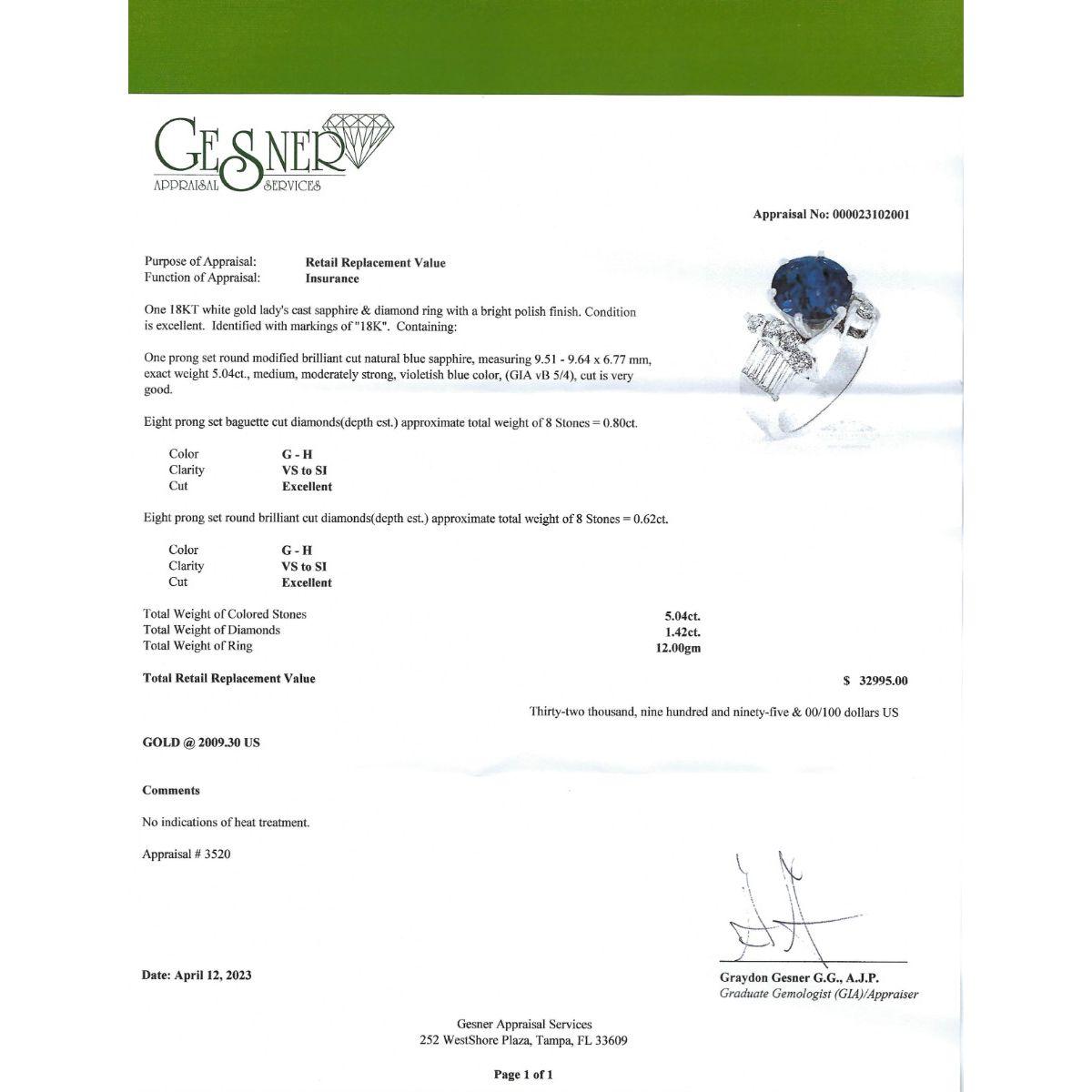 GIA Certified 5.04 ct Unheated Blue Sapphire Ring 8kt White Gold For Sale 5