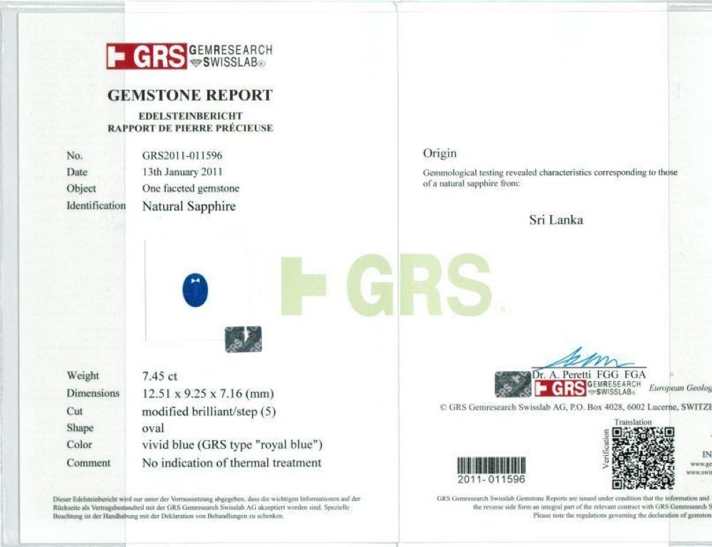 Mixed Cut Unheated Blue Sapphire Stone 7.45 cts in 18KWG Ring with Diamonds / GRS Report For Sale