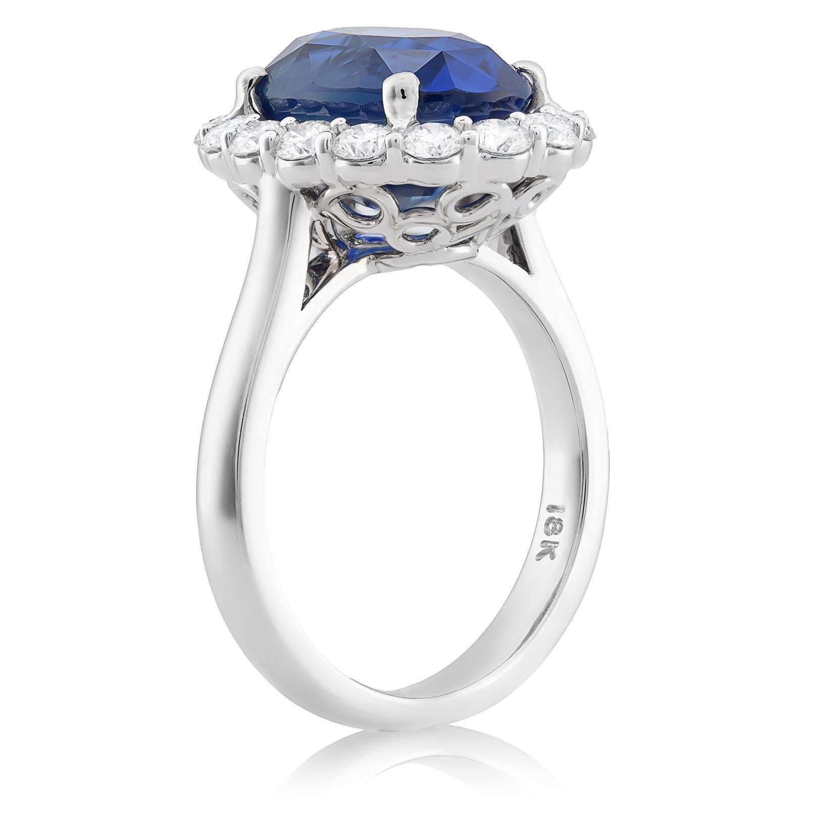 Unheated Blue Sapphire Stone 7.45 cts in 18KWG Ring with Diamonds / GRS Report In New Condition For Sale In Los Angeles, CA
