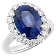 Unheated Blue Sapphire Stone 7.45 cts in 18KWG Ring with Diamonds / GRS Report