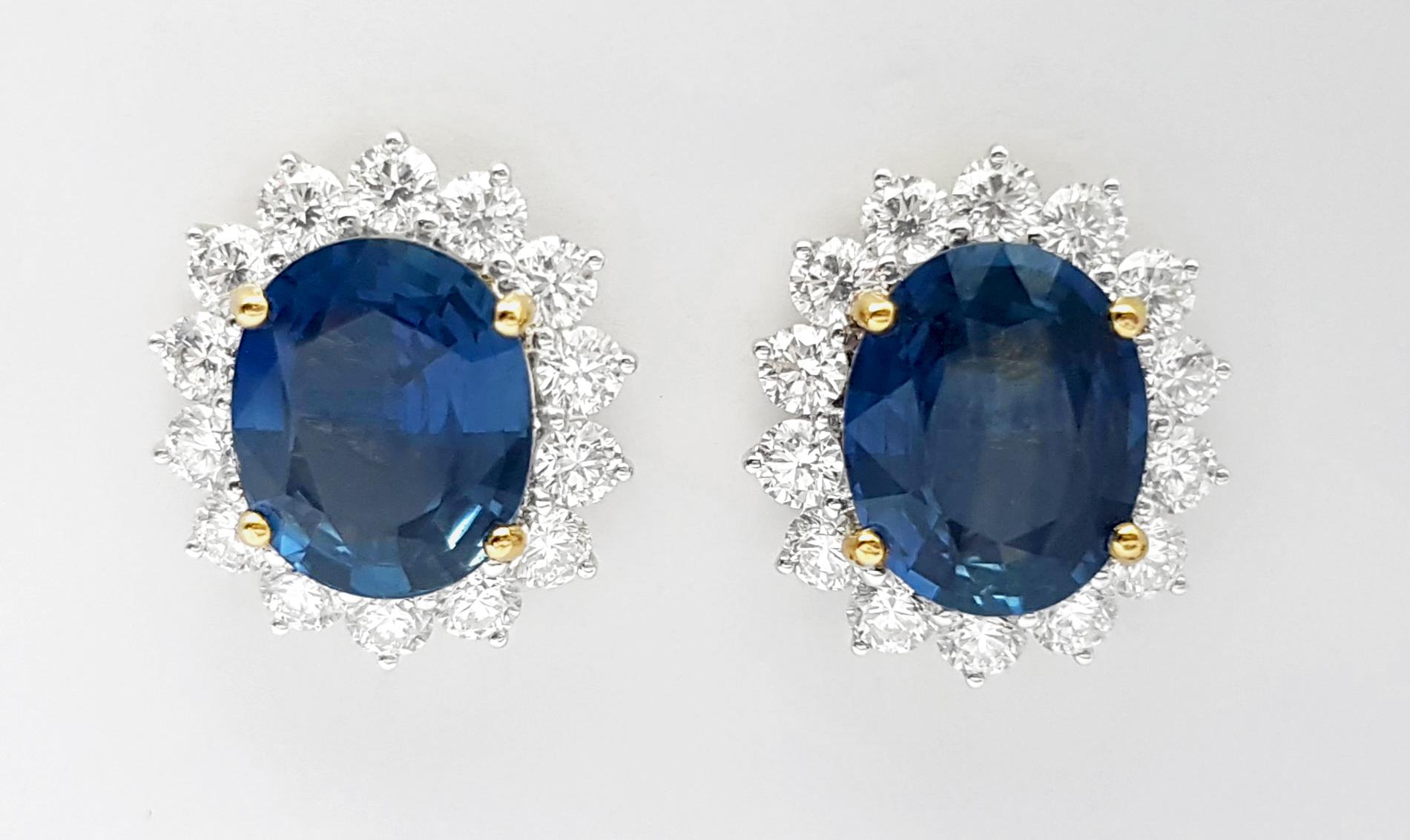 Contemporain Boucles d'oreilles en or jaune/blanc 18 carats saphir bleu non chauffé et diamant en vente