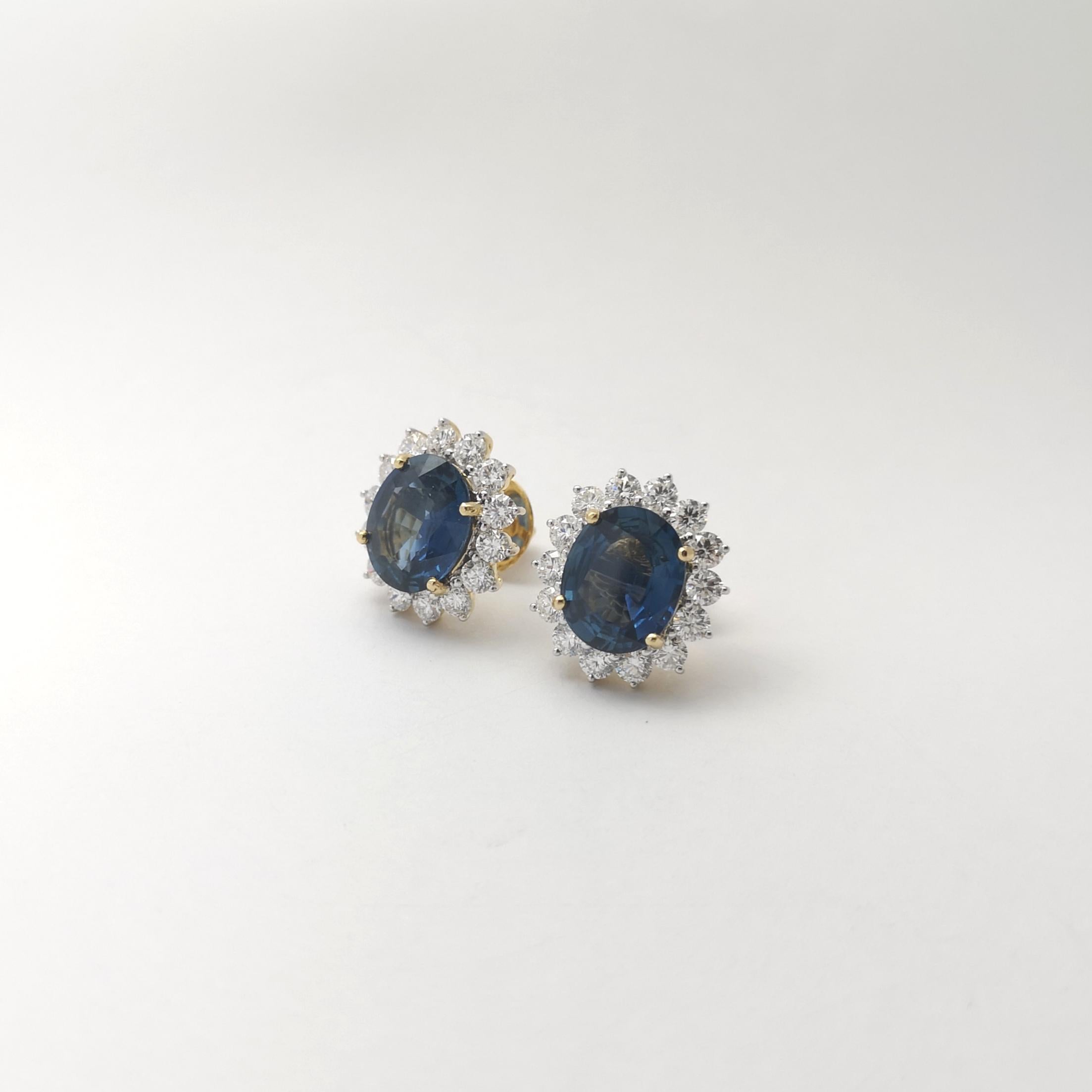 Boucles d'oreilles en or jaune/blanc 18 carats saphir bleu non chauffé et diamant Pour femmes en vente