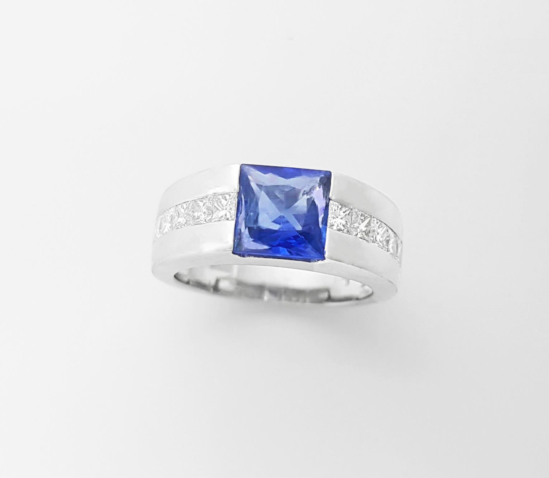 Anillo de zafiro azul no calentado con diamante engastado en oro blanco de 18 quilates en venta 2