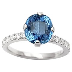 Unheated Blue Sapphire with Diamond Ring set in 18K White Gold Settings