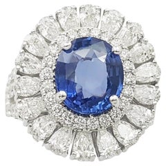 Unheated Blue Sapphire with Diamond Ring set in 18K White Gold Settings
