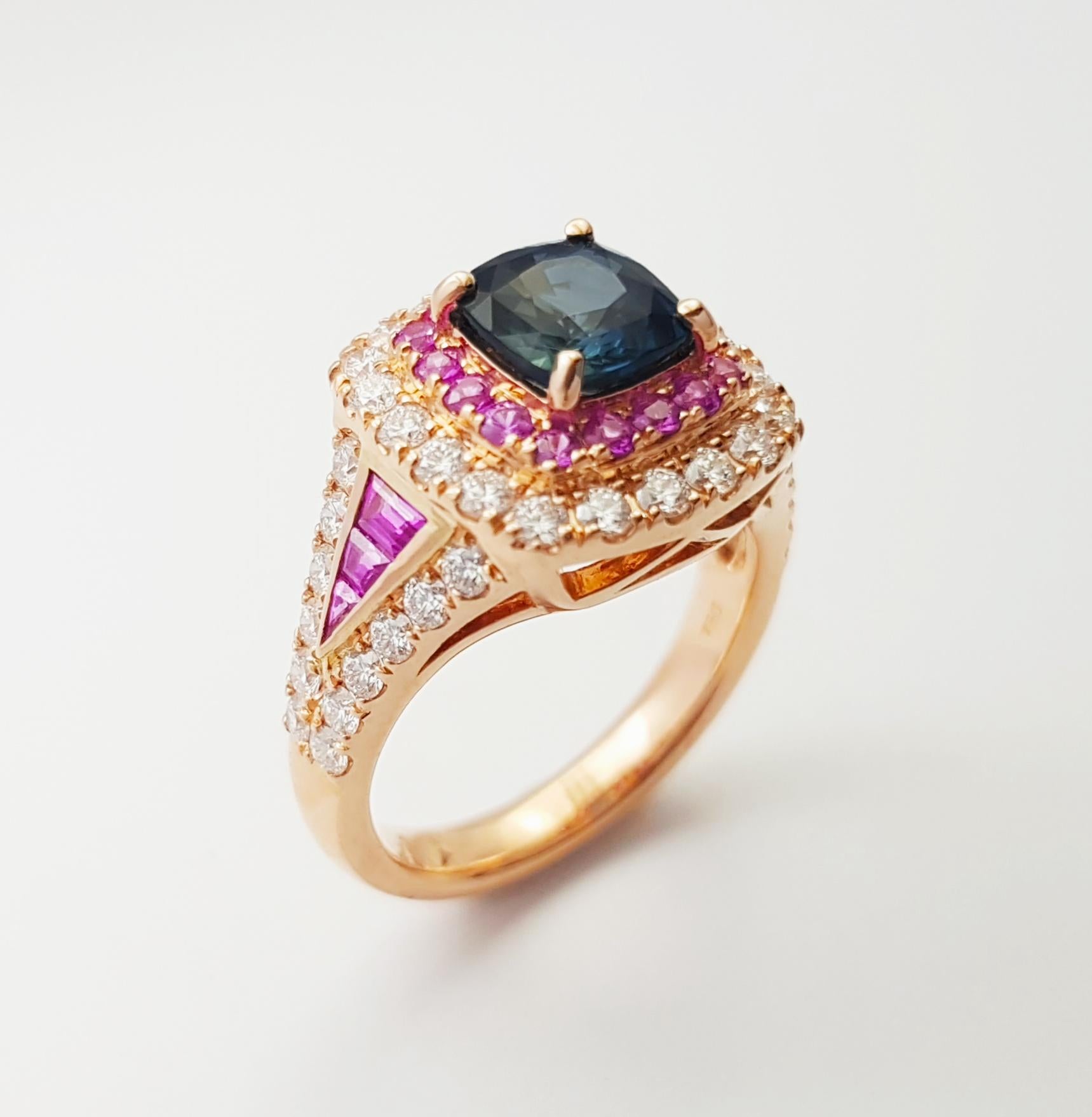 Unheated Blue Sapphire with Pink Sapphire and Diamond Ring set in 18K Rose Gold en venta 5