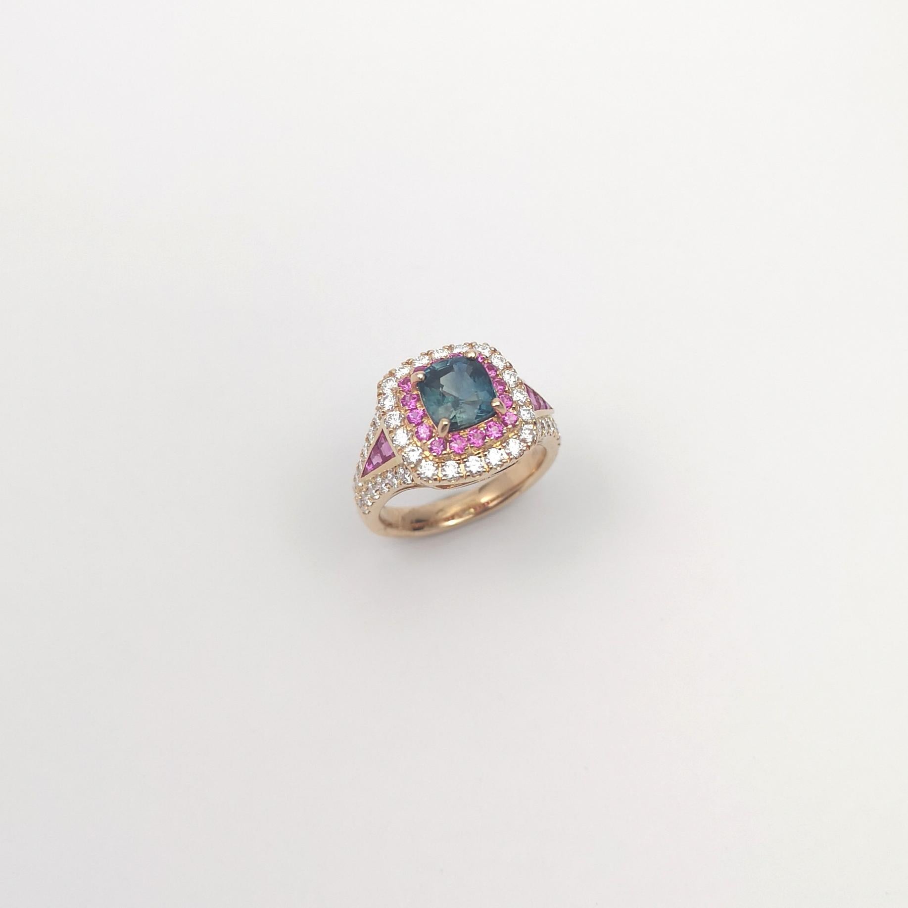 Unheated Blue Sapphire with Pink Sapphire and Diamond Ring set in 18K Rose Gold en venta 9