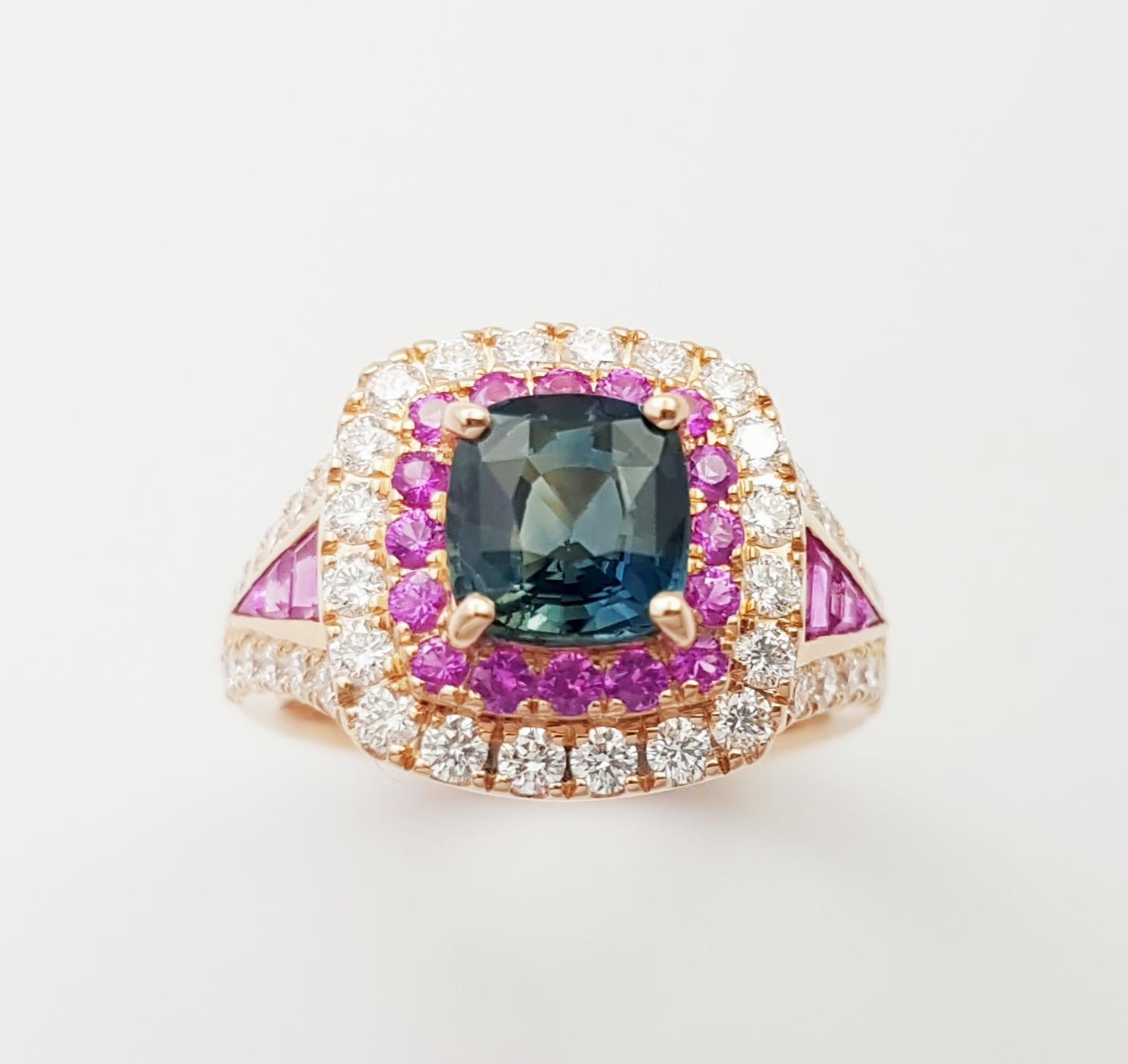 Unheated Blue Sapphire with Pink Sapphire and Diamond Ring set in 18K Rose Gold en venta 10
