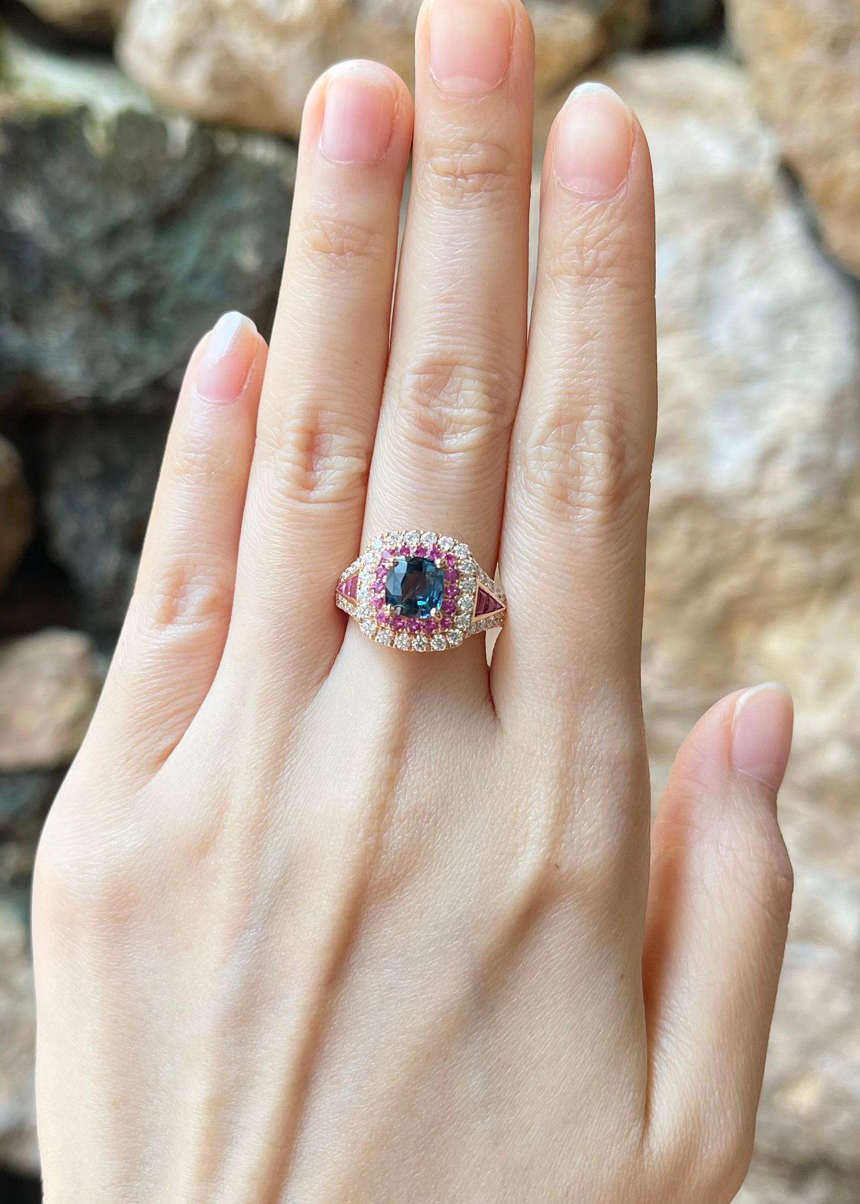 Unheated Blue Sapphire 1.85 carats with Pink Sapphire 0.71 carat and Diamond 0.98 carat Ring set in 18K Rose Gold Settings

Width:  1.4 cm 
Length: 1.4 cm
Ring Size: 55
Total Weight: 8.51 grams

