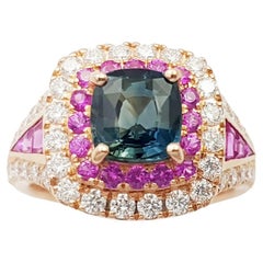 Unheated Blue Sapphire with Pink Sapphire and Diamond Ring set in 18K Rose Gold