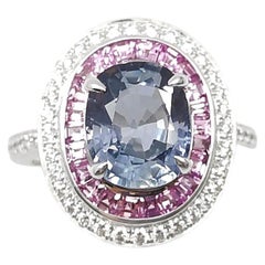 Unheated Blue Sapphire with Pink Sapphire and Diamond Ring set in 18K White Gold