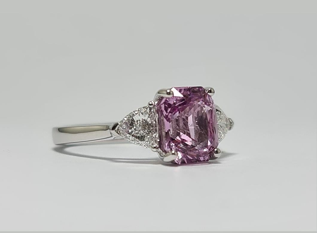 Trillion Cut Lotus Unheated Bubble Gum Pink 2.62 Ct Sapphire  Diamonds 18K White Gold Ring For Sale