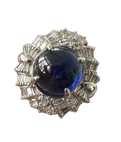 Unheated Burma 7.63ct Cornflower Blue Cabochon Sapphire & Diamond Ring AIGS Cert